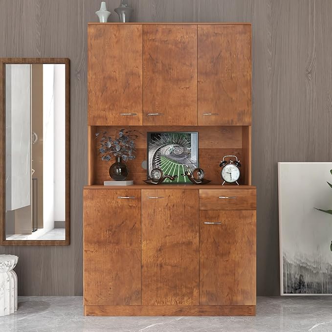 71" Tall Kitchen Pantry Cabinet,Sideboard Buffet Cabinet with 6 Doors and Shelves,Kitchen Island with Microwave Stand,Kitchen Hutch Storage Cabinet with 1 Drawer for Kitchen,Kitchen Cabinet (Walnut)