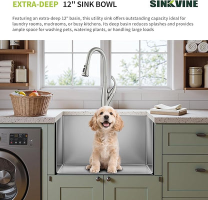 24-inch Undermount Laundry Utility Sink - 24x18x12 Extra Deep Stainless Steel Single Bowl Basin with Drain Strainer, Bottom Grid & Drying Unit for Laundry Room, Outdoor, Garage, Kitchen Use