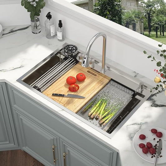 Kichae Drop In Kitchen Sink Waterfall - 33x22 Drop Sink Stainless Steel 16 Gauge Luxury Ledge Workstation Deep Single Bowl Topmount Overmount Sinks Splash Guard Design Handmade Basin