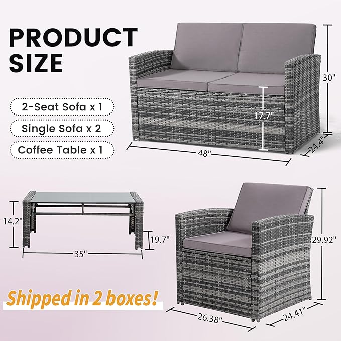 KROFEM 4-Piece Patio Furniture Set, Wicker Outdoor Rattan Sectional Sofa with Cushions and Glass Table, All-Weather Outdoor Conversation Set, Ideal for Garden, Porch, Backyard, Grey