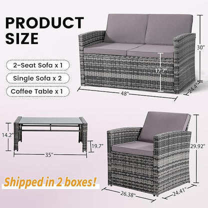 KROFEM 4-Piece Patio Furniture Set, Wicker Outdoor Rattan Sectional Sofa with Cushions and Glass Table, All-Weather Outdoor Conversation Set, Ideal for Garden, Porch, Backyard, Grey