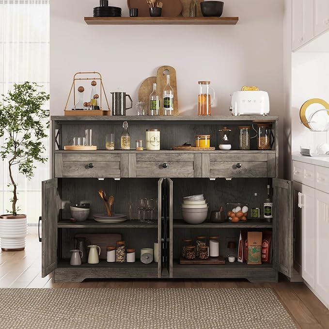 FiveWillowise 51" Farmhouse Buffet Sideboard with Storage, Kitchen Pantry Cabinet with Storage Drawers, Wood Cupboard Hutch, Coffee Bar Station Table for Kitchen, Living Room, Dining Room, Grey