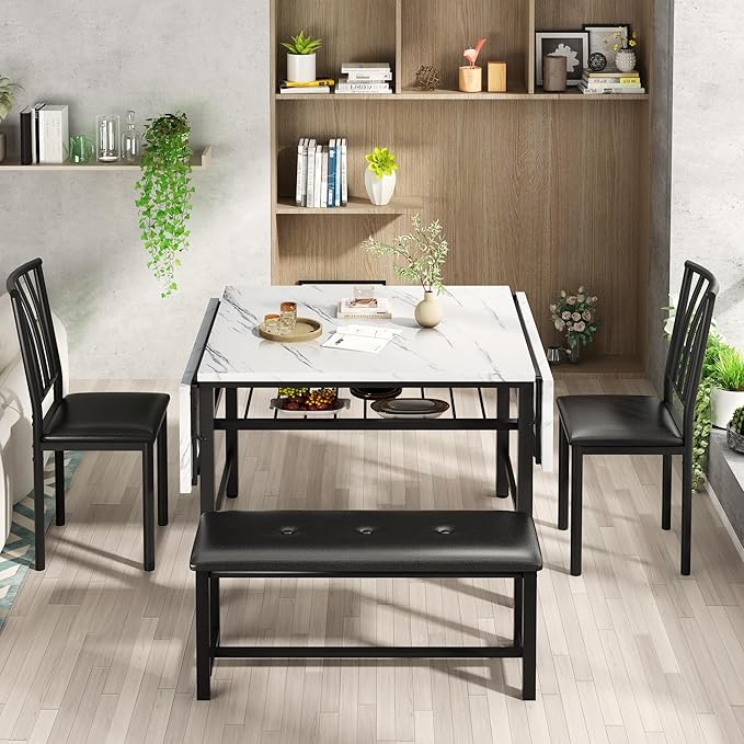 Lamerge 4-Piece Dining Table Set for 3-6 People, 63" Extendable Kitchen Table Set with 1 Bench and 2 Backrest Chairs, Faux Marble Table Square Dining Table Set with Drop Leaf for Small Space