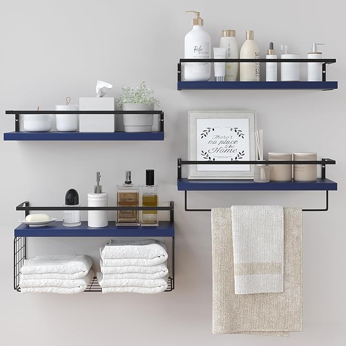 Wood Floating Shelves Wall Mounted - 4+1 Tier Rustic Bathroom Wall Shelves Over Toilet with Wire Storage Basket and Towel Bar, set of 4 Farmhouse Floating Shelf for Bathroom, Kitchen,Navy Blue.