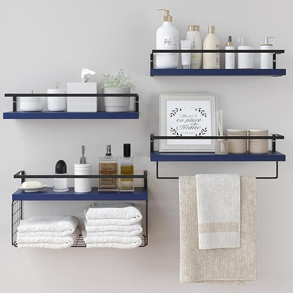 Wood Floating Shelves Wall Mounted - 4+1 Tier Rustic Bathroom Wall Shelves Over Toilet with Wire Storage Basket and Towel Bar, set of 4 Farmhouse Floating Shelf for Bathroom, Kitchen,Navy Blue.