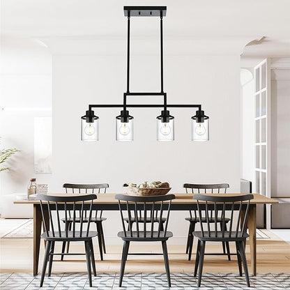 4-Light Dining Room Light Fixture, Linear Kitchen Island Lighting Black Chandelier Farmhouse Pendant Lighting for Kitchen Island Dining Table Living Room, Height Adjustable
