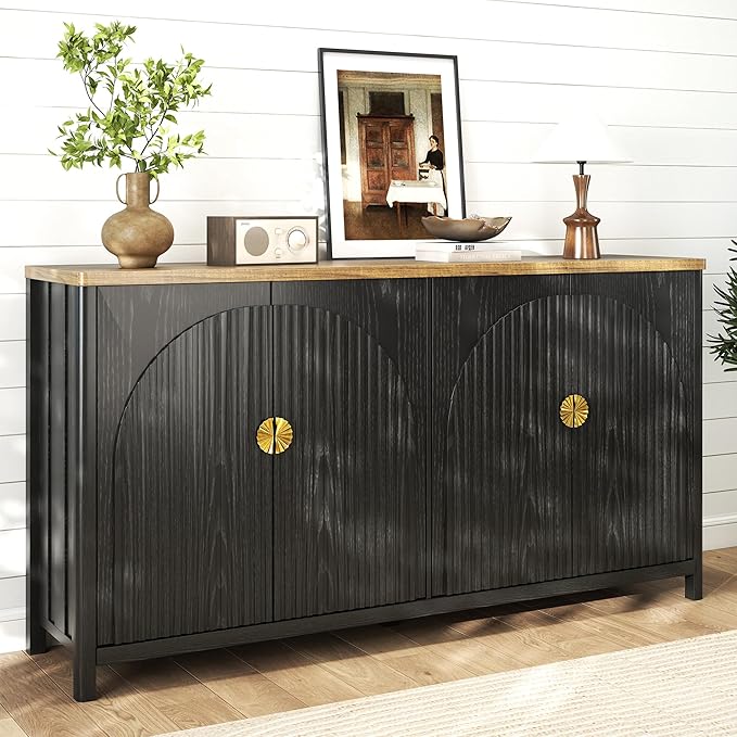 Sideboard Cabinet with Storage - 63” Large Kitchen Buffet Table, Adjustable Shelf & 4 Fluted Doors Farmhouse Coffee Bar for Living Room Dining Room Entryway, Black