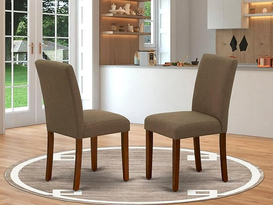 East West Furniture ABP3T18 Abbott Parson Dining Chairs - Coffee Linen Fabric Padded Chairs, Set of 2, Mahogany