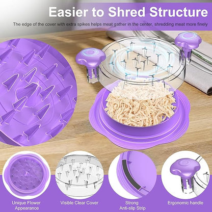 SURETIVIAN Chicken Shredder Large Chicken Breast Shredder Tool Twist with Brush&Fork, Visible Meat Shredder Machine, Anti-Slip Strip, Ergonomic Handle, BPA Free, Suitable for Pork Beef Chicken(Purple)
