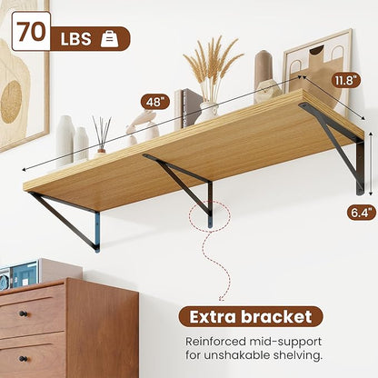 Deep Wall Shelves 48"W x 12"D Engineered Wood Floating Shelves for Wall, Sturdy Metal Bracket Bookshelves Home Decor Storage for Living Room Bedroom Bathroom Kitchen, Set of 2, Oak Finish