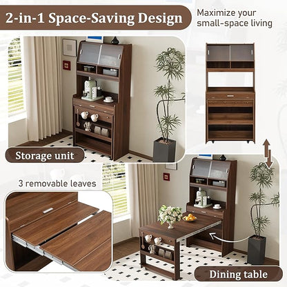 Compact Buffet with Hutch and Foldable Dining Table, Multifunctional Cupboard with Storage Shelf and Side Hooks, 2-in-1 Buffet for Small Places, Studio, Apartment (Walnut-9c)