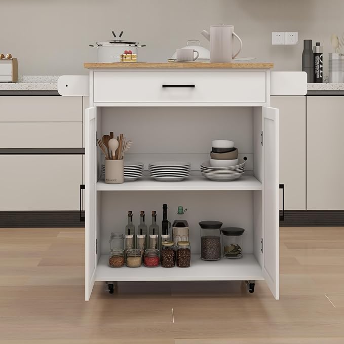 Modern Dining Table Kitchen Island Rolling Trolley Cart with Shelves, Drawer, Doors, Towel Rack & Seasoning Rack - Rubber Wood Table Top for Dining Room,White-MDF-2