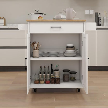 Modern Dining Table Kitchen Island Rolling Trolley Cart with Shelves, Drawer, Doors, Towel Rack & Seasoning Rack - Rubber Wood Table Top for Dining Room,White-MDF-2