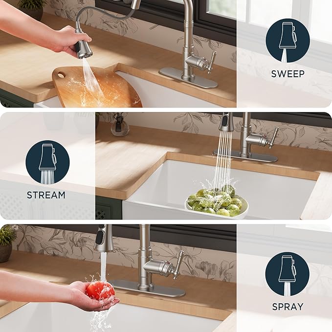 FORIOUS Vintage Kitchen Faucets with Pull Down Sprayer, Brushed Nickel High Arc Single Handle Stainless Steel Transitional Pull Out Sink Faucet for Farmhouse Camper Rv Bar, Fit for 1 or 3 Hole