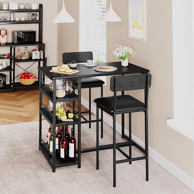 GAOMON Dining Table Set for 2, Counter Height Kitchen Table and Chairs, Tall Bar Table Set with 2 Upholstered Bar Stools, 3 Piece Dining Room Table Set for Small Space, Apartment, Black