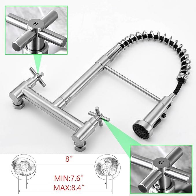 Wall Mount Faucet 8 Inch Center, with Pull Down Sprayer, Commercial Mixer Tap, High Arc Dual Handle Spring Kitchen Sink Faucets