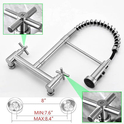 Wall Mount Faucet 8 Inch Center, with Pull Down Sprayer, Commercial Mixer Tap, High Arc Dual Handle Spring Kitchen Sink Faucets