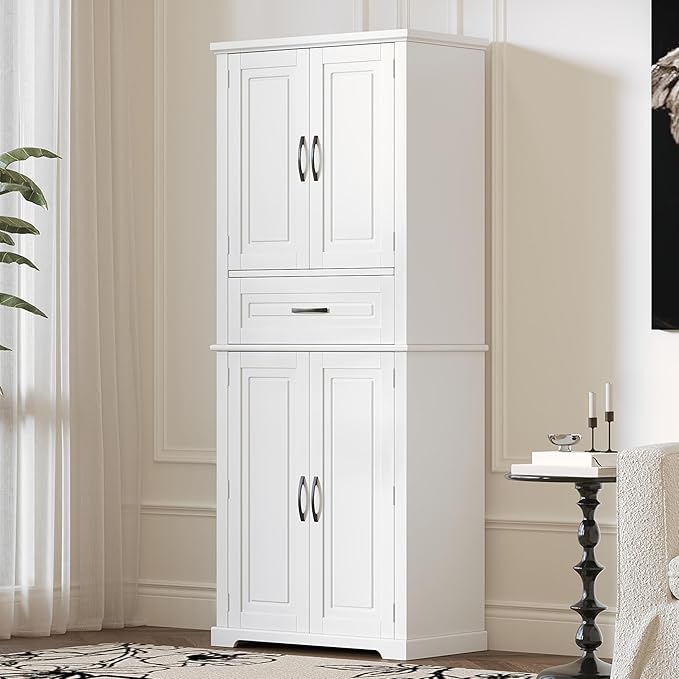 Merax 72" Tall Kitchen Pantry Storage Cabinet, Farmhouse Freestanding Large Cupboard with One Drawer, Bathroom Cabinet with Adjustable Shelves, 6 Door-Shelf for Dining Room, White