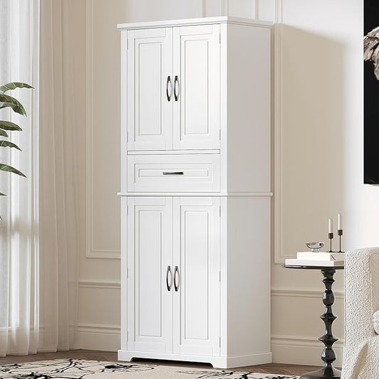 Merax 72" Tall Kitchen Pantry Storage Cabinet, Farmhouse Freestanding Large Cupboard with One Drawer, Bathroom Cabinet with Adjustable Shelves, 6 Door-Shelf for Dining Room, White