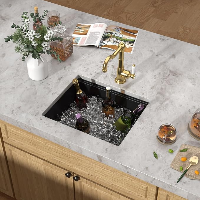 21"x18" Undermount Bar Sink Workstation - 21 Inch Granite Composite Matte Black Quartz Classic Single Bowl Under Counter Small Prep Rv Kitchen Sink All-In One #TLGU-140