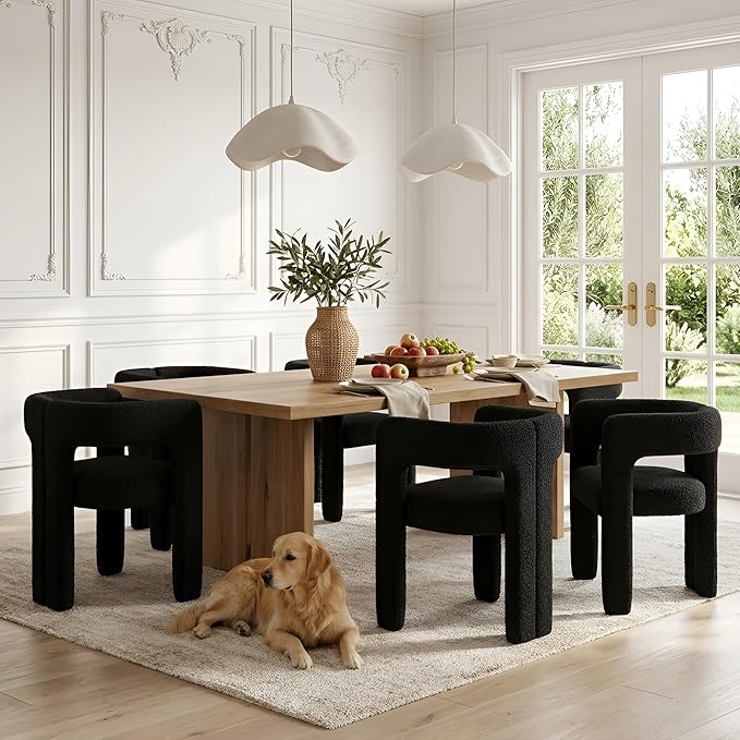 VESCASA Modern Barrel Dining Chairs Set of 4 with Open Back, Upholstered Boucle Accent Kitchen Armchairs with Wood Legs for Dining Room Reception Small Space, Black