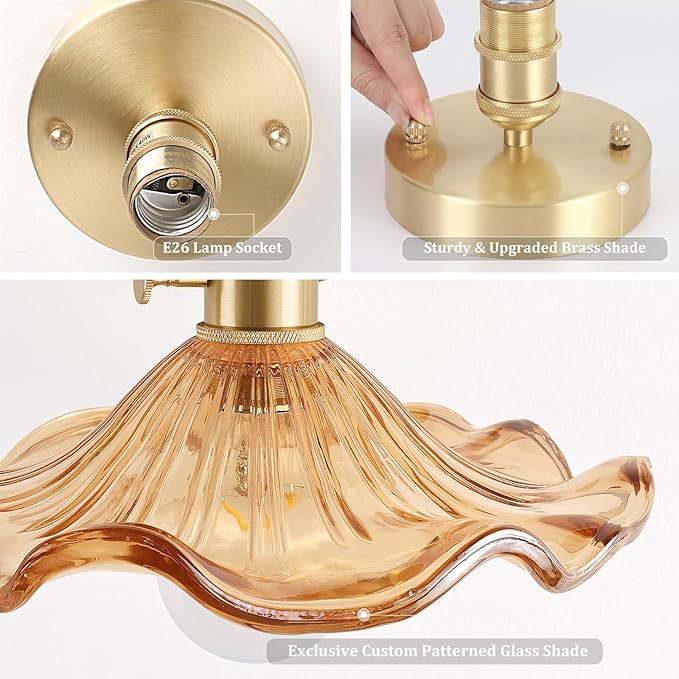 Shenmoyl Semi Flush Mount Light, Gold Hallway Vintage Fixture With Amber Water Lily Glass, Bulb Included, 4.72" Base Modern Ceiling Light for Porch Kitchen Bedroom