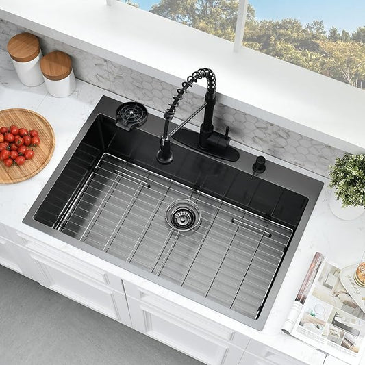 33x22 Drop In Kitchen Sink and Faucet Combo Set, Black Stainless Steel Kitchen Sink with Cup Washer,9 Inch Deep Single Bowl with Accessories, Heavy-Duty & Easy-Clean Design