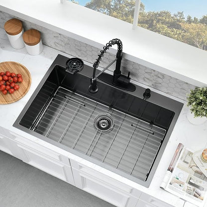 30×22 Drop In Kitchen Sink with Faucet Combo - Black Stainless Steel Drop In Sink with Cup Washer, 9 Inch Deep Single Bowl Sinks and Faucets Combo Set,Top Mount Design for Modern Kitchens
