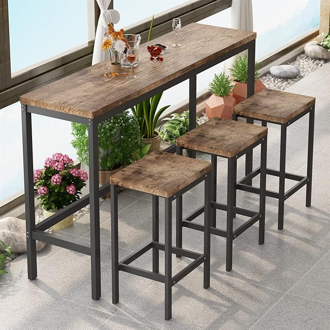 Merax 4-Piece Counter Height Extra Long Dining Table Set with 3 Stools and Footrest, Modern Design Kitchen Dining Table, Pub Table, Long Dining Table Set, Natural