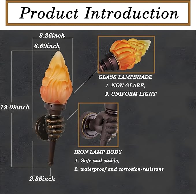 MIXL- Creative Retro Torch Wall Sconce, Courtyard Outdoor Wall Torch Lamp,1-Lights Antique Bedside Lamps, Outdoor Waterproof Sconces for Corridor, Garage, Patio (Right Hand)