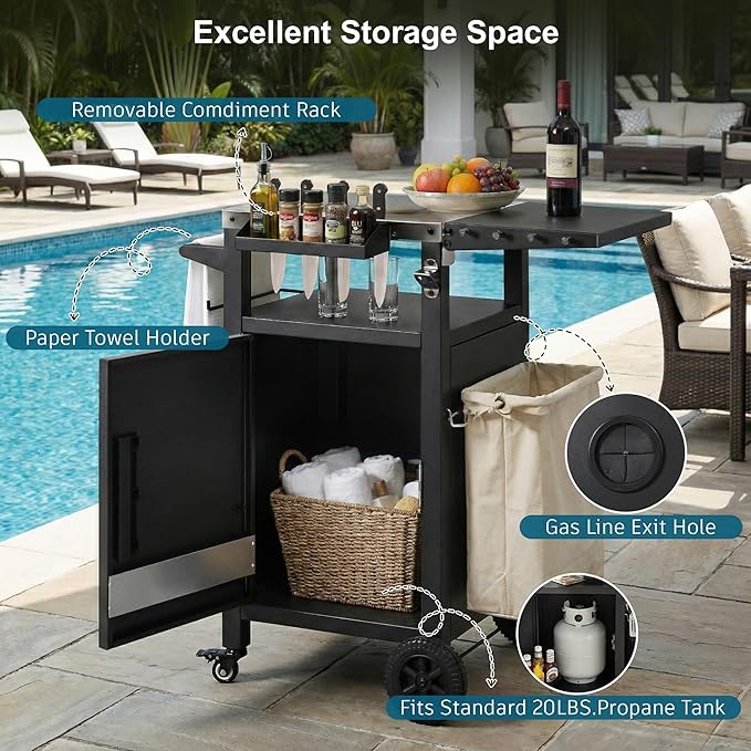 JIJIWANG 33.9" Outdoor Kitchen Island with Stainless Steel Top and Drop Leaf, Rolling Kitchen Cart on Wheels with Storage Cabinet and Spice & Paper Rack for BBQ Waterp, Black