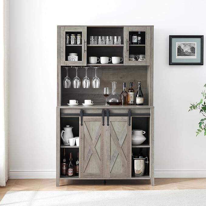 IDEALHOUSE 70'' Wine Coffee Bar Cabinet with Storage Hutch, Tall Kitchen Pantry Liquor Cabinet with Sliding Barn Doors, Bottle Glasses Rack, Farmhouse Buffet for Home Dining Room, Gray Oak