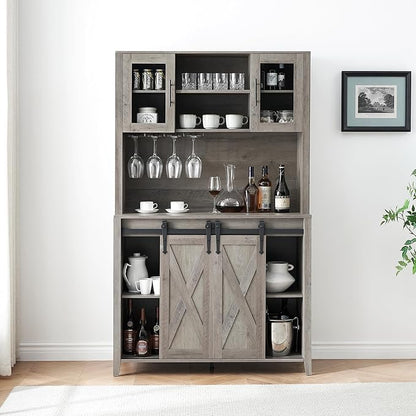 IDEALHOUSE 70'' Wine Coffee Bar Cabinet with Storage Hutch, Tall Kitchen Pantry Liquor Cabinet with Sliding Barn Doors, Bottle Glasses Rack, Farmhouse Buffet for Home Dining Room, Gray Oak