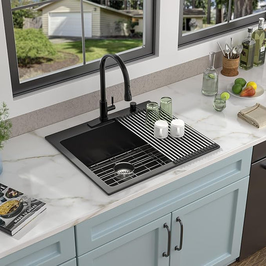 25"x22" Granite Composite Kitchen Sink – Matte Black Drop In Topmount Granite Quartz Classic Above Counter Single Bowl Sink Basin