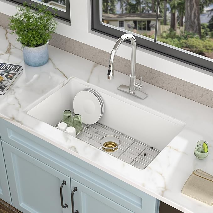 33 Granite Composite Kitchen Sink - Fulorni 33"×19" Granite Kitchen Sink Undermount White Quartz Classic Under Counter Single Bowl Sink Basin