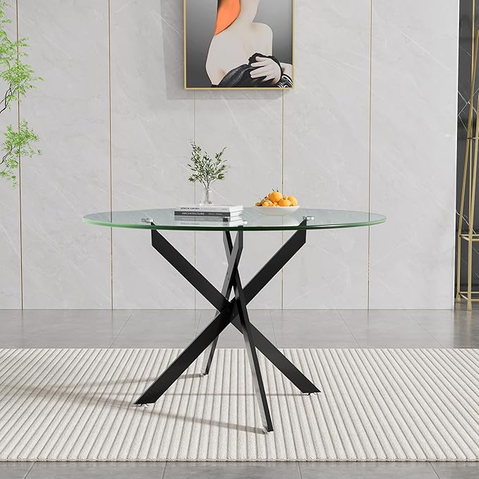 47.25" Round Dining Table for 6, Modern Clear Glass Kitchen Table for 6 with Black X Metal Legs, Contemporary Small Circle Dining Room Leisure Tables for Kitchen Apartment