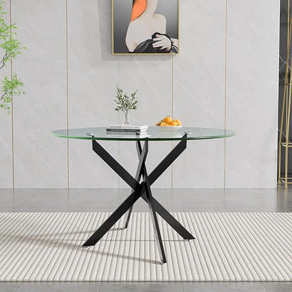 47.25" Round Dining Table for 6, Modern Clear Glass Kitchen Table for 6 with Black X Metal Legs, Contemporary Small Circle Dining Room Leisure Tables for Kitchen Apartment