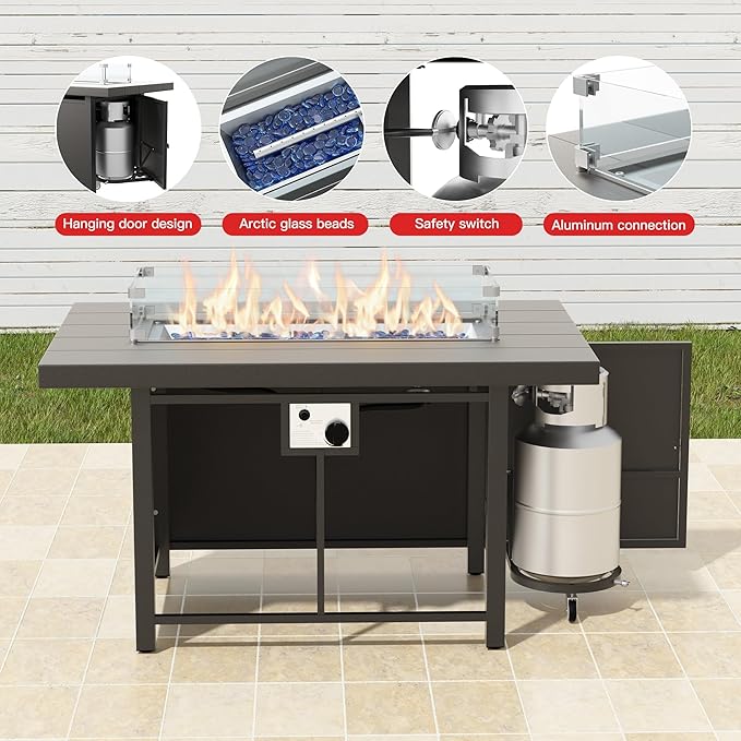 Metal Outdoor Patio Furniture Set for 10,Aluminum Patio Sectional Set w/Propane Fire Pit Table,Outside Furniture w/Removable Sponge Cushion for Porch, Balcony, Yard,Gray