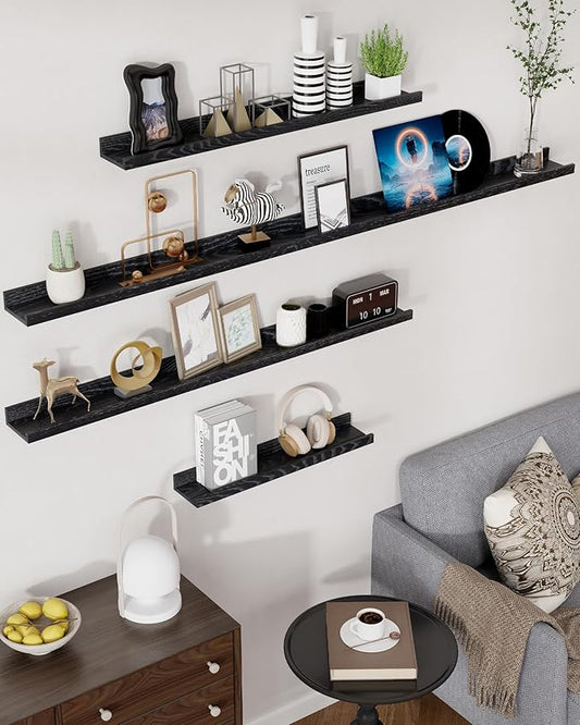 Axeman Oak Picture Ledge Shelf, 55 Inch Floating Shelves Set of 2, Solid Oak Wood Wall Shelves with Lip, Wall Decor Storage for Bedroom Living Room Bathroom Kitchen Nursery Photo Picture, Black