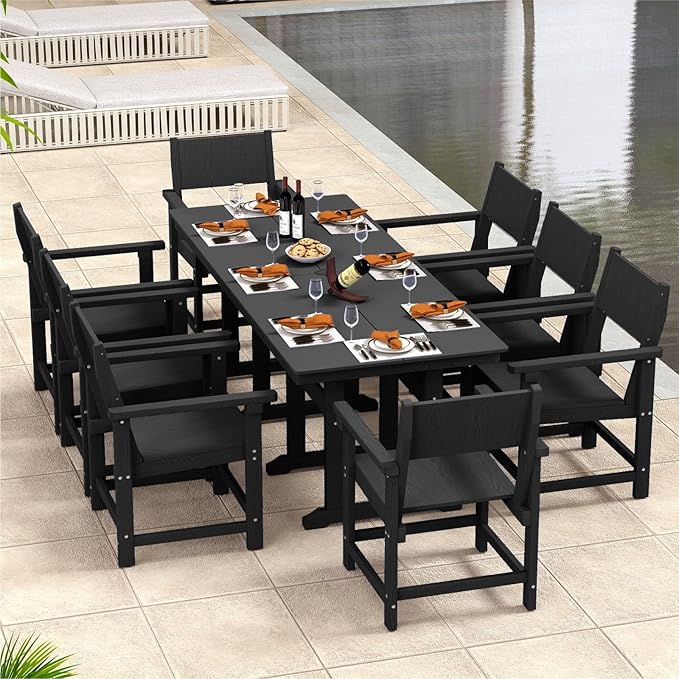 9-Piece Outdoor Dining Set, HDPE Weatherproof Patio Table and Chairs Set for 8, Outdoor Patio Furniture Sets with Umbrella Hole for Outside, Deck, Backyard, Garden (Black)