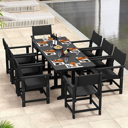 9-Piece Outdoor Dining Set, HDPE Weatherproof Patio Table and Chairs Set for 8, Outdoor Patio Furniture Sets with Umbrella Hole for Outside, Deck, Backyard, Garden (Black)