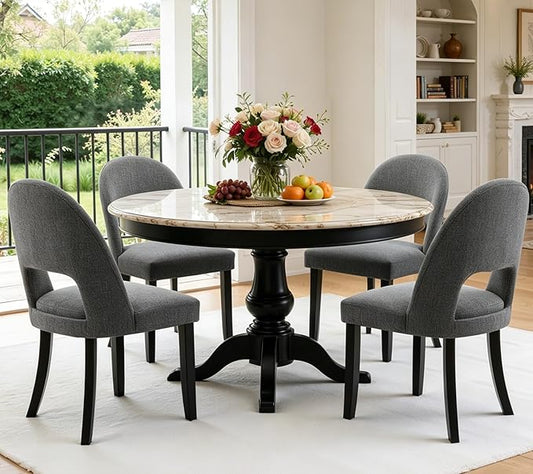 Dining Chairs Set of 4, Modern Farmhouse Upholstered Kitchen Chairs, Wooden Dining Room Chairs with Grey Linen Fabric