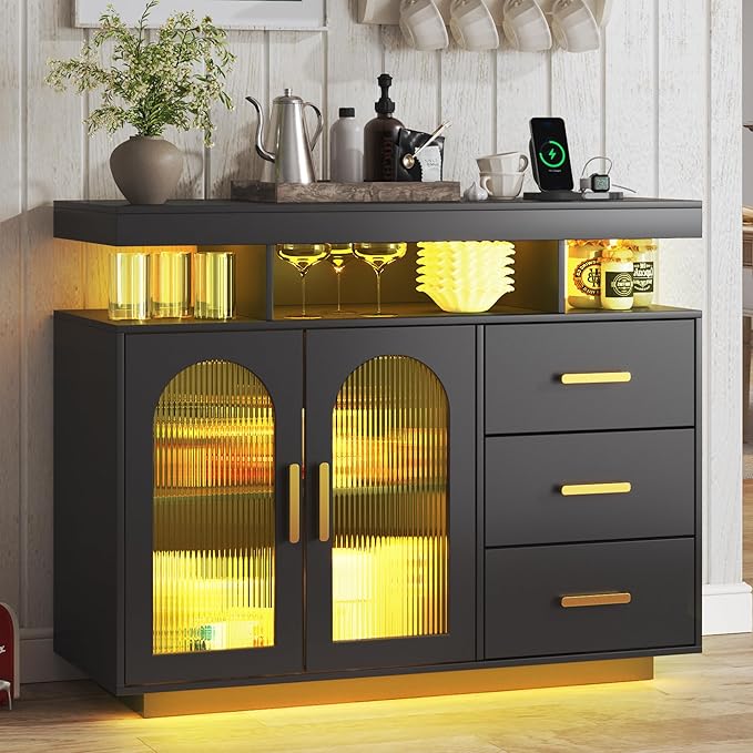 HNEBC LED Sideboard Buffet with Charging Station, Smart Bar Cabinet with Auto RGB Lighted, Coffee Bar with 3 Drawers/Adjustable Shelf for Living Room, Dining Room,Home Storage (Black)