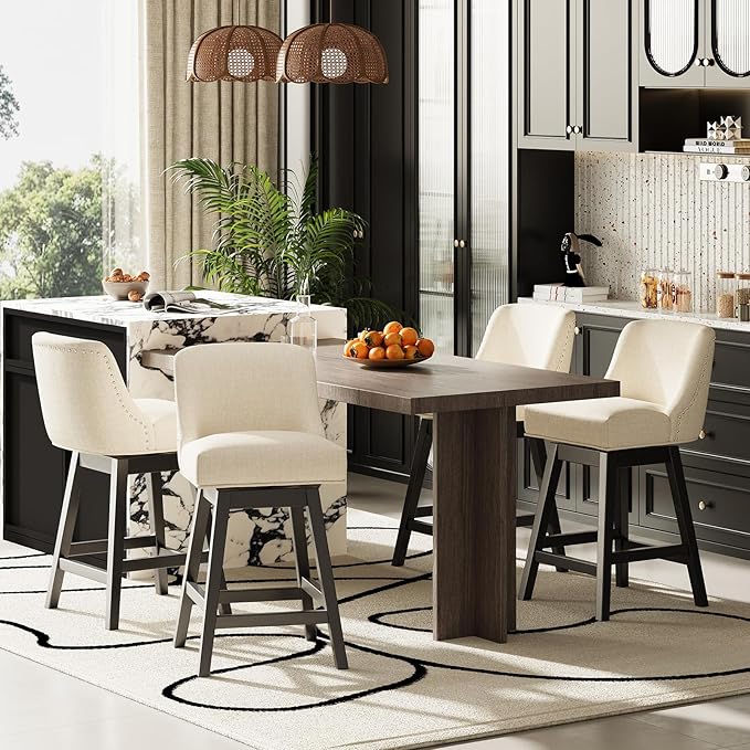 MALOL Swivel Bar Stools Set of 6, 27" Counter Height Kitchen Stools with Padded Seats and Solid Wood Legs, Upholstered Barstools for Kitchen Island, Breakfast Nook (Beige)