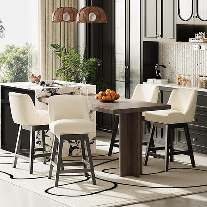 MALOL Swivel Bar Stools Set of 4, 27" Counter Height Kitchen Stools with Padded Seats and Solid Wood Legs, Upholstered Barstools for Kitchen Island, Breakfast Nook (Beige)