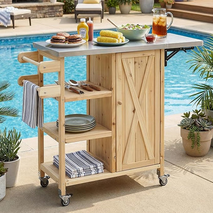 JIJIWANG 33.4" Foldable Outdoor Kitchen Island Patio Kitchen Island Outdoor Kitchen Cart Portable Prep Station with Lockable Wheels, Storage Cabinet and Towel Rack for Patio and Outdoor Natural