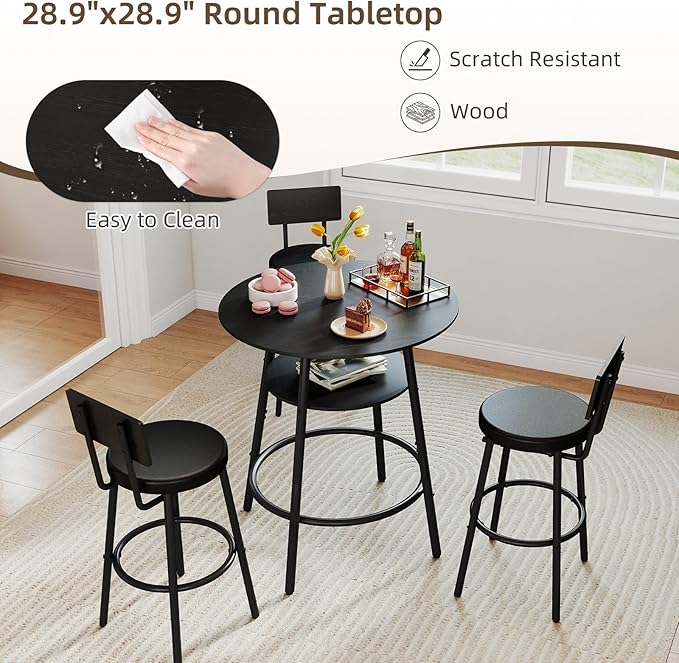 Zevemomo 4 Pieces 28.9" Round Bar Table Set, Bar Stool Table Set of 3, Black Kitchen Bar Table, Breakfast Table with Storage, 3 Thickened Cushion Stools with Backrest for Small Space & Bistro-Black