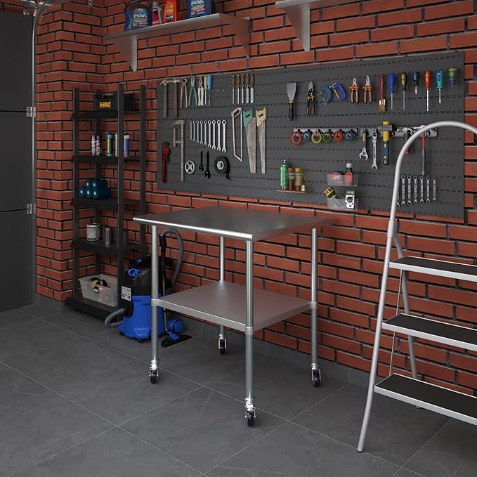 Stainless Steel Work Table with Wheels | NSF Kitchen Island Food Prep | Laundry Garage Utility Bench (Table + Wheels, 36" Long x 30" Deep)