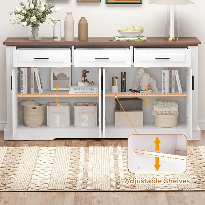 63" Large Buffet Sideboard with Storage, 32" Tall Kitchen Buffet Storage Cabinet with 3 Drawers, Modern Coffee Bar Cabinet with Handles, Long Sideboard Buffet Table for Kichen, Living Room (White-01)