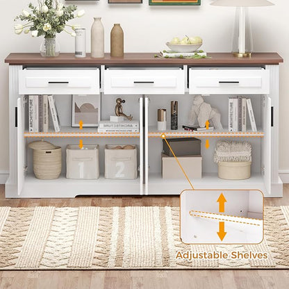 63" Large Buffet Sideboard with Storage, 32" Tall Kitchen Buffet Storage Cabinet with 3 Drawers, Modern Coffee Bar Cabinet with Handles, Long Sideboard Buffet Table for Kichen, Living Room (White-01)